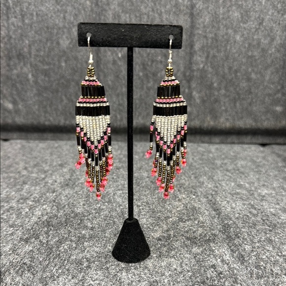 Black and Pink Chandelier Earrings with Beaded Fringe - Picture 3 of 3